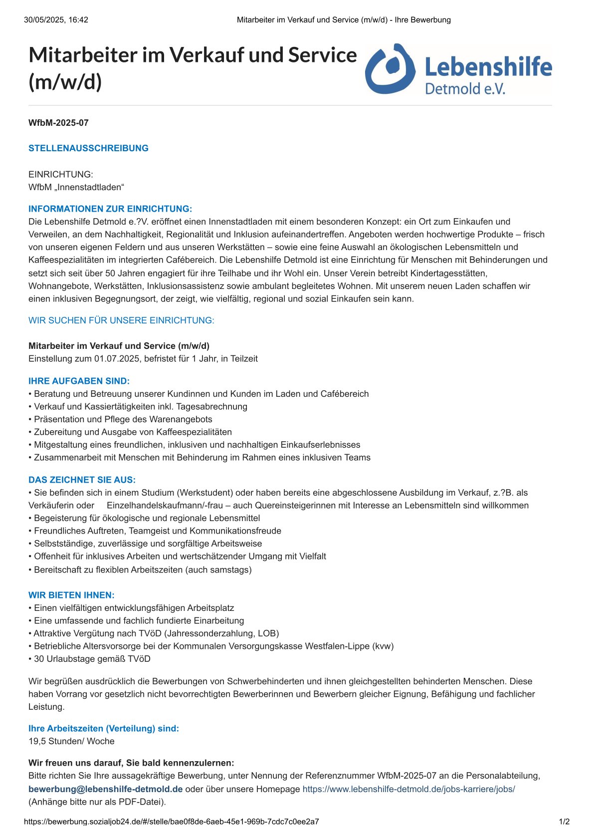 Mitarbeiter im Verkauf und Service (m_w_d) - Ihre Bewerbung