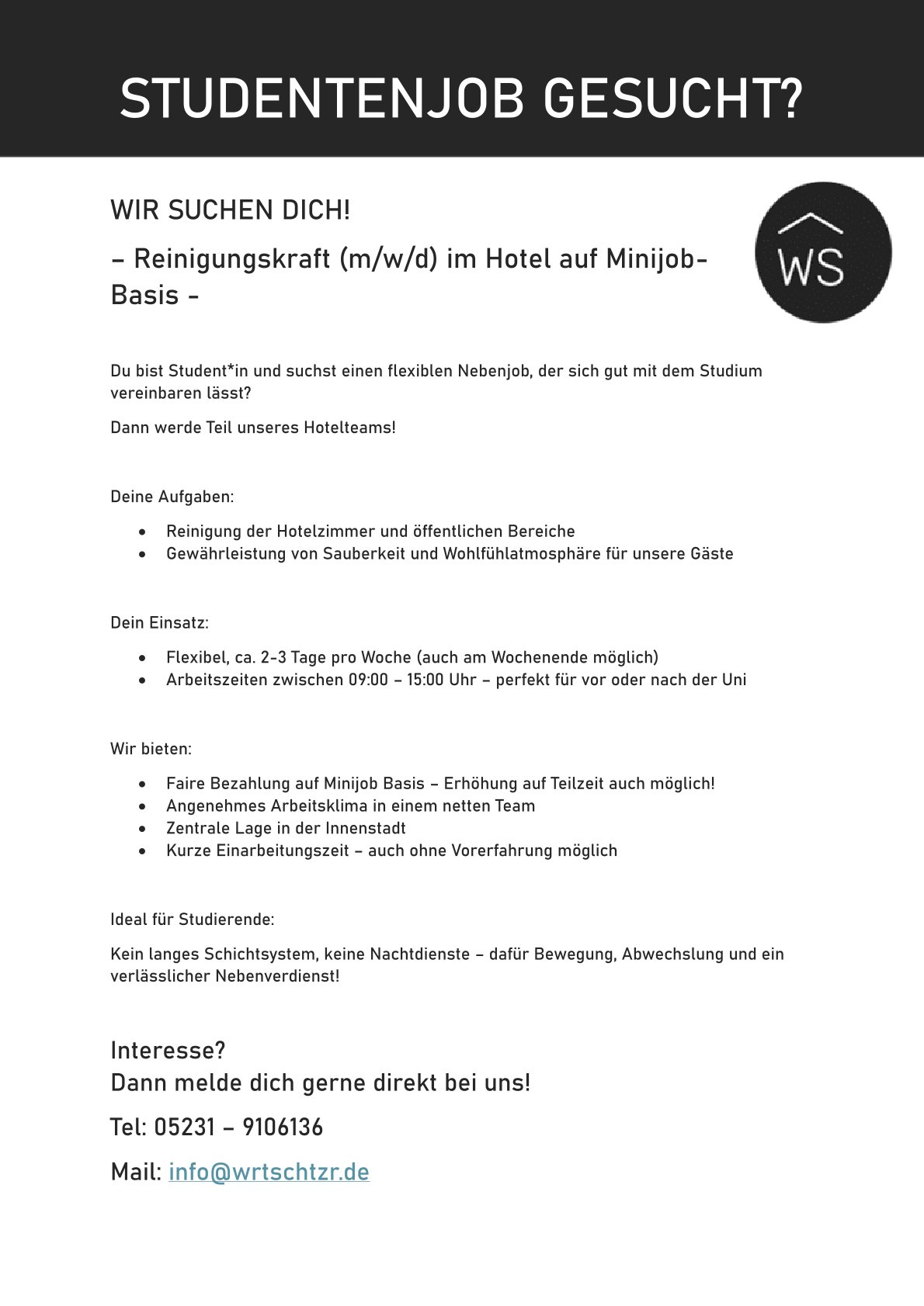 Stellenanzeige Reinigungskraft Student